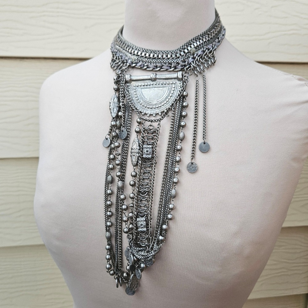 Silver Tone Multi Strand Statement Bib Necklace Belly Dance Boho Layered Chains